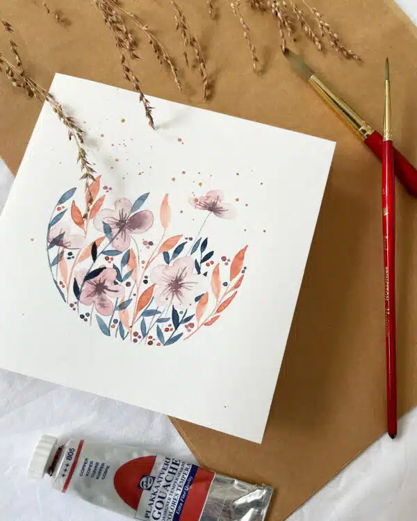 Bloemenkaart met aquarel als resultaat van workshop.